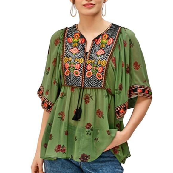 Wayward Fancies XL Floral Embroidery Print Georgette Peplum Top Boho eShakti - Picture 1 of 11